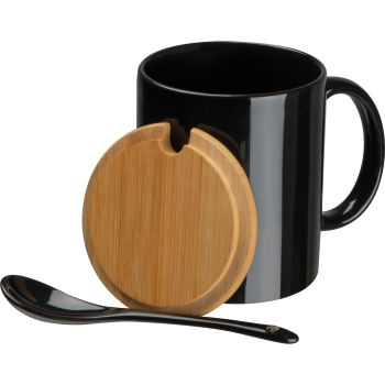 Keramiktasse mit Löffel schwarz und Deiner Wunschgravur auf dem Bambusdeckel