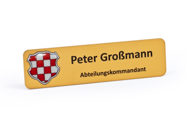 Namensschild aus Metall mit Wappendruck